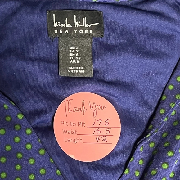 Nicole Miller Navy Dress with Green Polka Dots - Picture 10 of 10